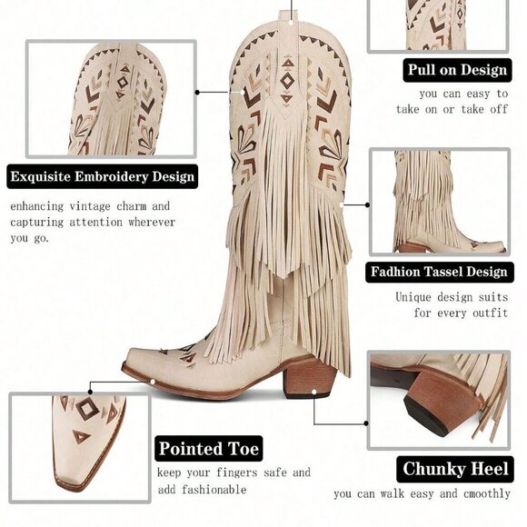 Beige Bohemian Women's Fringe Tassel Cowgirl Western Chunky High Heels  Boots - Picture 5 of 6